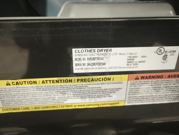 SAMSUNG 7.4 Cu. Ft. Black Stainless Electric Dryer, model DVE52M7750V/A3, label showing model and safety warnings.