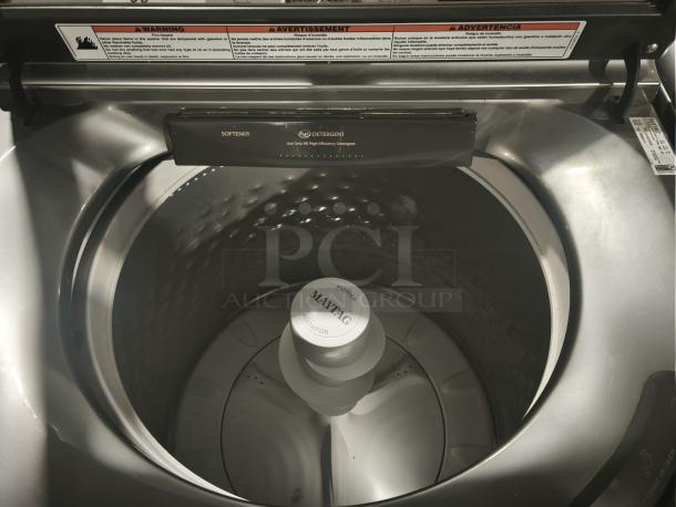 Maytag 27" 5.4 Cu. Ft. Smart Top Load Washer, Model MVW6230HC2, with Extra Power Button and HE detergent compartment.