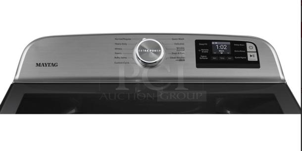 Maytag 5.4 Cu. Ft. Smart Top Load Washer, Model MVW6230HC2, with Extra Power Button, digital controls, brushed metal finish.