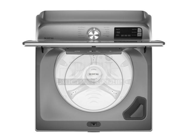 Maytag 27" 5.4 Cu. Ft. Smart Top Load Washer, model MVW6230HC2. Features Extra Power Button, open lid view.