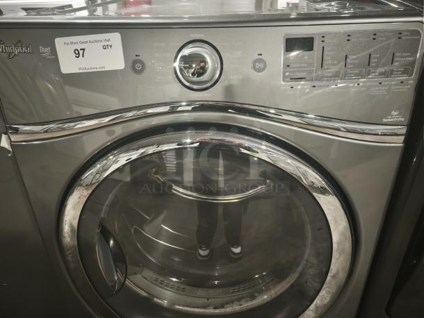 Whirlpool Duet WGD96HEAC 7.4 cu. ft. gas steam dryer with chrome accents, control panel, and visible auction label.