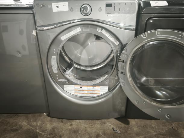Whirlpool Duet WGD96HEAC 7.4 cu. ft. gas steam dryer, gray, front-loading, open door, control panel visible, good condition.