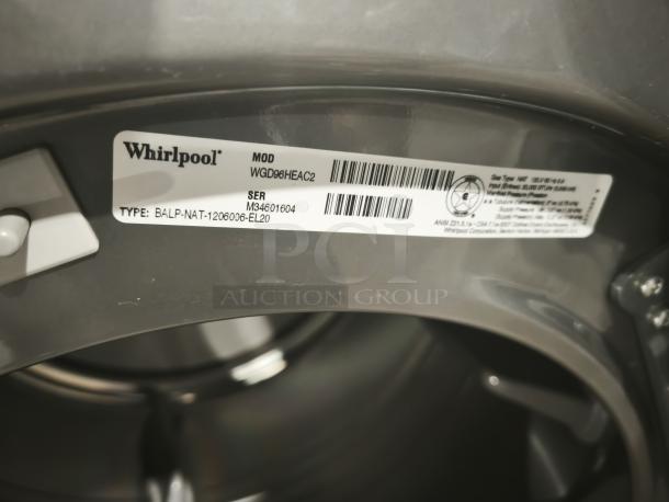 Whirlpool Duet WGD96HEAC gas steam dryer label, showing model and serial number details. 