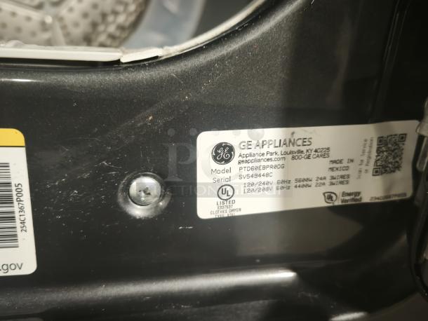 GE Profile Smart Electric Dryer, Model PTD60EBPRDG, Diamond Gray. Features sanitize cycle, sensor dry. Serial SV549448C. UL listed.