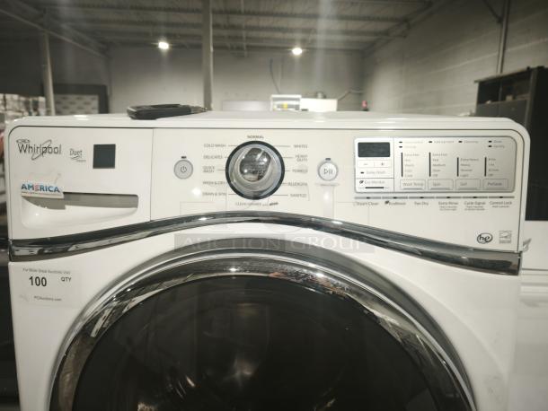 Whirlpool WFW94HEAW front-load washer, white, digital controls, steam clean feature, used condition, capacity label visible.