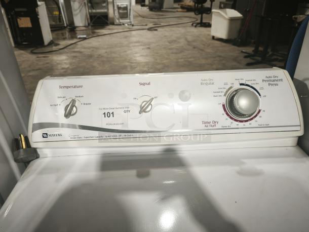 Maytag MDE3757AYW electric dryer, heavy duty, super size capacity, Quiet Series 200, 10 cycles, temperature and drying options.