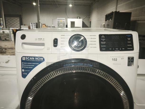 GE 4.8 CuFt high-efficiency front load washer in white, model GFW550SSNWW. Features UltraFresh Vent System, Microban tech, and smart controls.