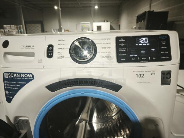GE 4.8 CuFt Smart Front Load Washer, model GFW550SSNWW, white, featuring UltraFresh Vent System and Microban tech.