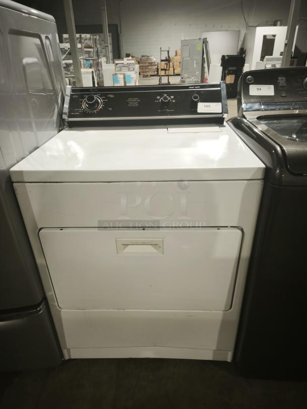Whirlpool LA7680XSW2 top-load washer, white, showing control panel with dials; gently used condition, some scratches visible.