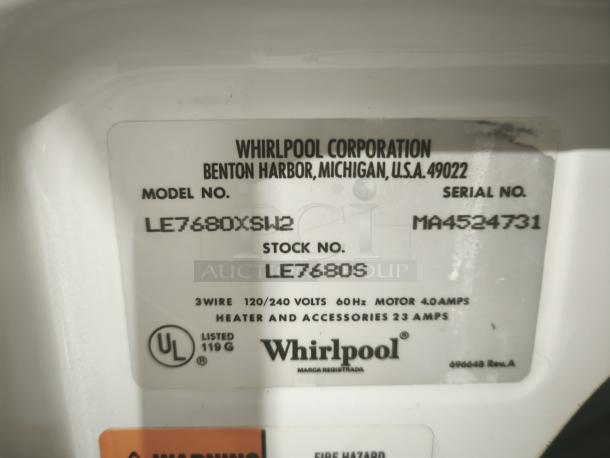 Label of Whirlpool top-load washer, model LA7680XSW2. Includes serial number MA4524731 and electrical specifications.