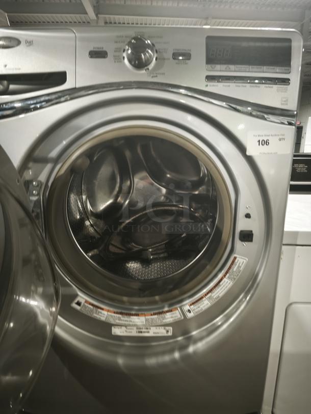 Whirlpool WFW94HEXL2 front-load washer, silver, open door, digital controls, in good condition, label: auction item 106.