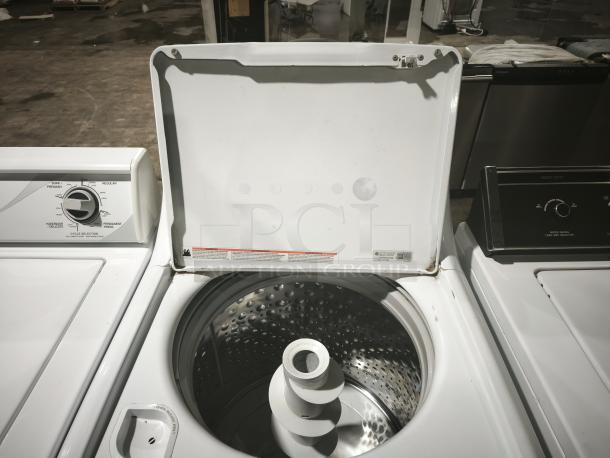 GE High Efficiency Agitator Medium Top-Load Washer, Model GTW485ASWWB, white finish, visible controls, open lid showing drum.
