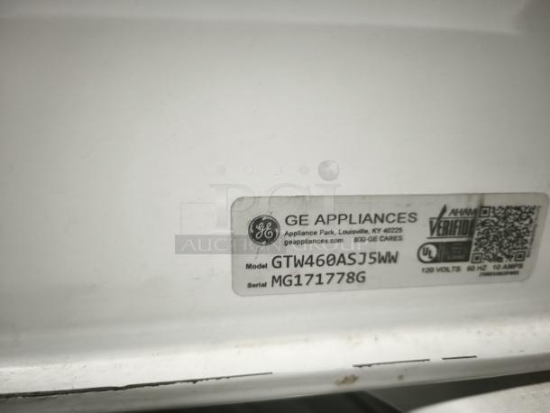 GE High Efficiency Top-Load Washer, Model GTW485ASWWB, white. Visible label shows model GTW460ASJ5WW, serial MG171778G.
