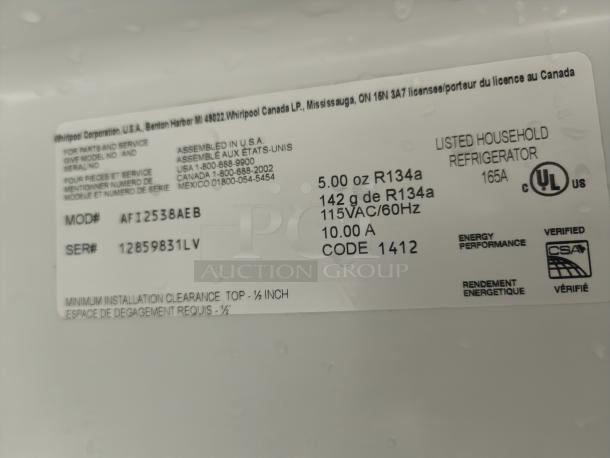 AMANA afi2538aeb refrigerator label, showing model number, serial number 12859831LV, and specifications for 115VAC/60Hz operation.