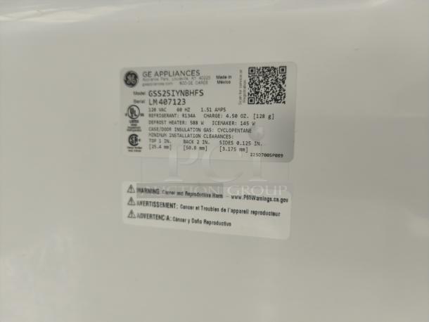 GE 25.3 cu. ft. Side by Side Refrigerator, model GSS25IYNRHFS, stainless steel, energy-efficient, label details included.