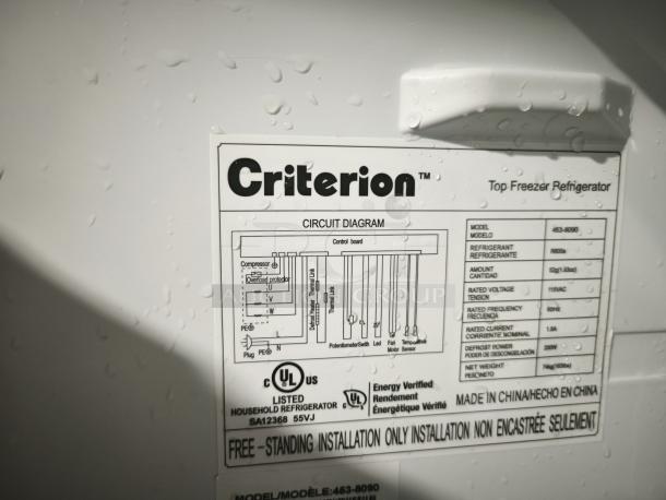 Criterion® fridge model 453-8090 label detailing circuit diagram, voltage, refrigerant type, and energy verification details.
