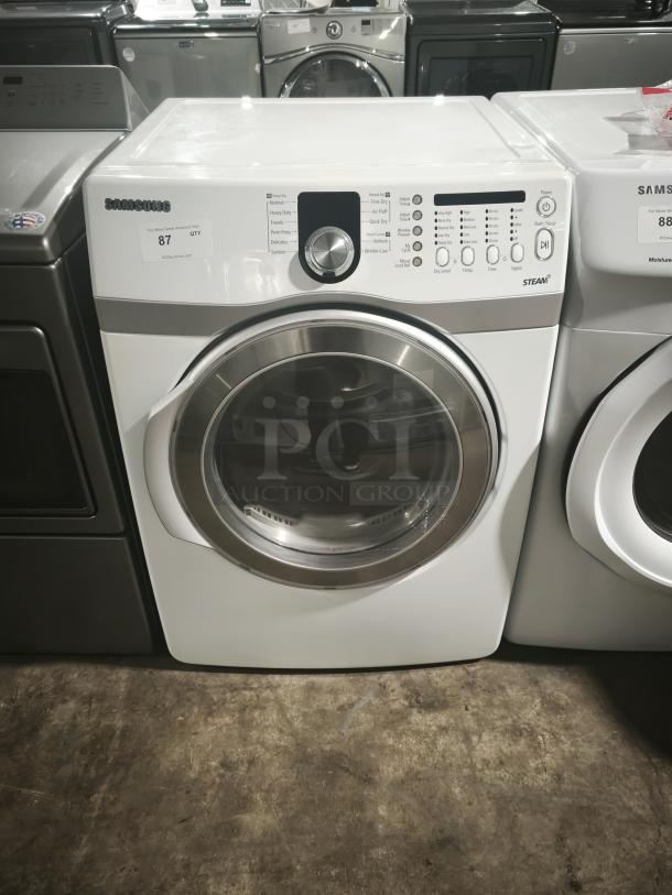 Samsung DV407AEW/XAA 7.3 Cu. Ft. front load electric dryer, white, excellent condition, visible control panel with multiple settings.