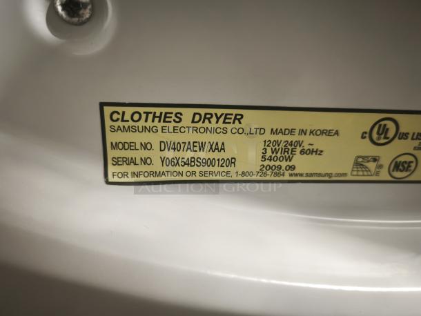 Samsung DV407AEW/XAA 7.3 Cu. Ft. Front Load Electric Dryer label showing model, serial number, and specifications.