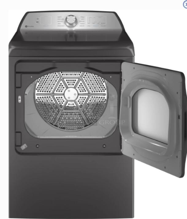 GE Profile 7.4 Cu. Ft. Smart Electric Dryer, Diamond Gray, Model PTD60EBPRDG, features sanitize cycle and sensor dry. Door open view.