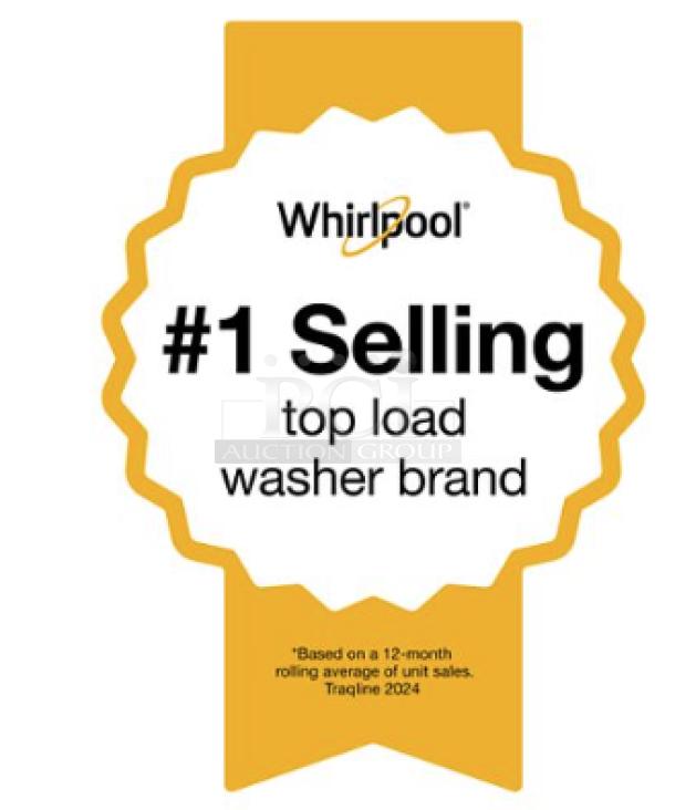 Whirlpool badge: "#1 Selling top load washer brand," Traqline 2024, based on 12-month rolling average sales.
