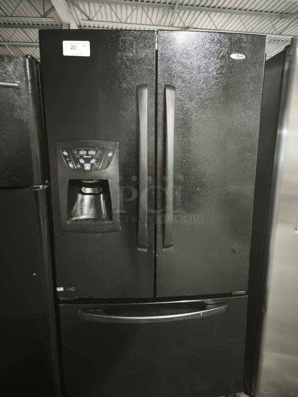 AMANA 25.0 cu. ft. black French door refrigerator, model AFI2538AEB, with glass shelves, adjustable bins, external ice/water dispenser.
