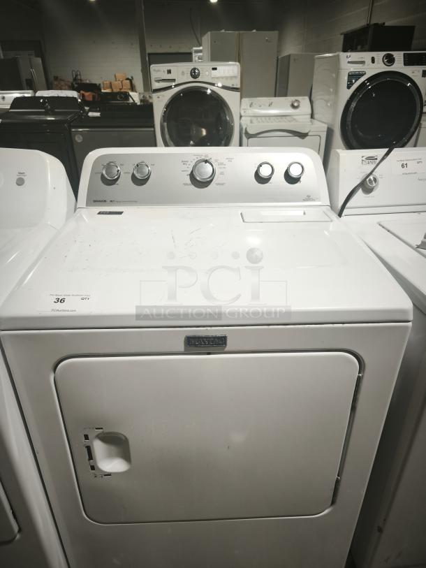 MAYTAG 7.0 cu. ft. Dryer, Model MEDX655DW1. Features sanitize cycle, minimal wear, control knobs.