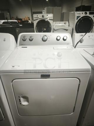 MAYTAG 7.0 cu. ft. Dryer, Model MEDX655DW1. Features sanitize cycle, minimal wear, control knobs.