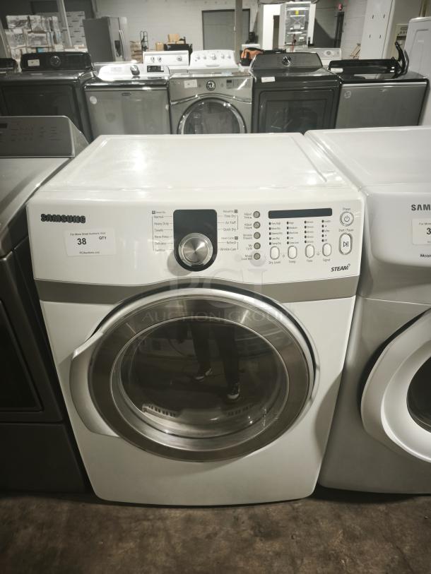 Samsung DV407AEW/XAA 7.3 cu. ft. front load electric dryer, white, good condition, visible control panel and steam feature.