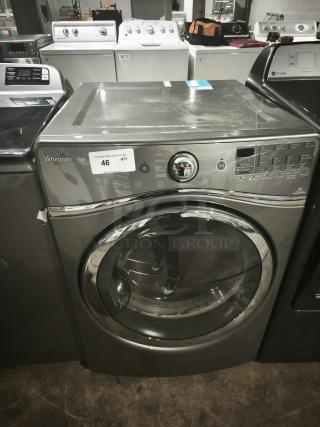 Whirlpool Duet WGD96HEAC gas steam dryer, 7.4 cu. ft., silver finish, model WGD96HEAC2, digital controls, used condition.