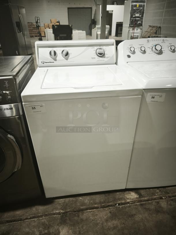 ALLIANCE top-load washer AWN412SP111TW01 in white, dual control knobs, model and condition tag visible.