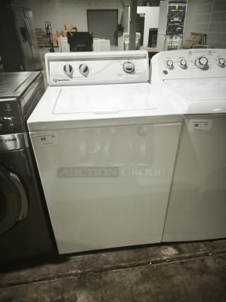 ALLIANCE top-load washer AWN412SP111TW01 in white, dual control knobs, model and condition tag visible.