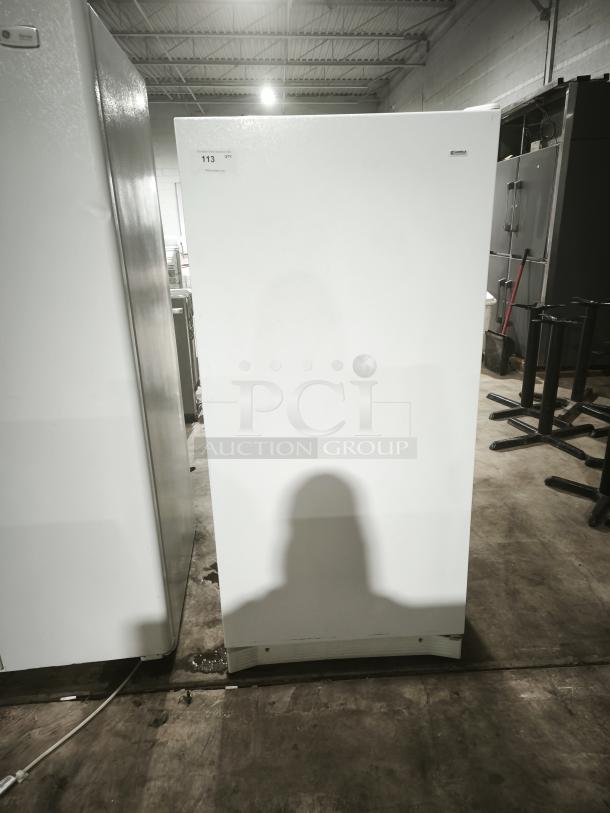 Kenmore 2539284213 Upright Freezer, white, model 253.9284213, in good condition with visible label "113 QTY".