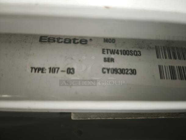 Estate ETW4100SQ3 top-load washer label showing model and serial number CY0930230.