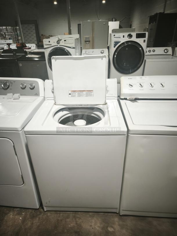 Estate ETW4100SQ3 Top-Load Washer, ESTATE brand, open lid, white finish, visible dials, good condition.