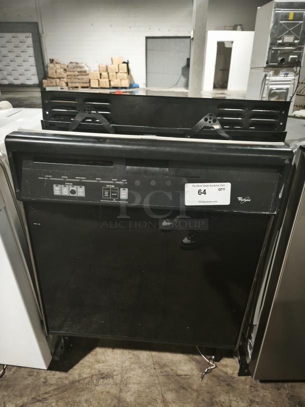 Whirlpool undercounter dishwasher, model DU925QWDB0, black, visible control panel, good condition, auction label attached.