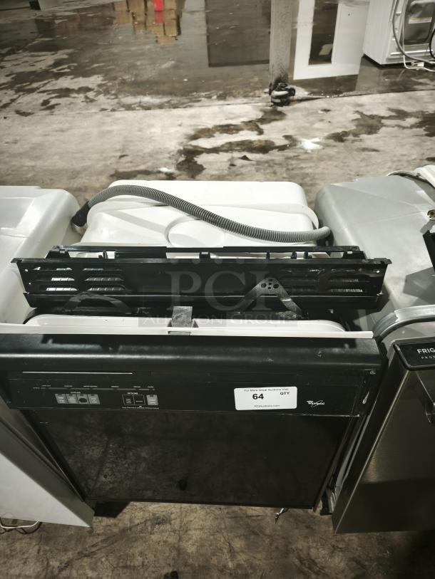Whirlpool undercounter dishwasher, model DU925QWDB0, black finish, front controls visible, good condition, auction tag 64.