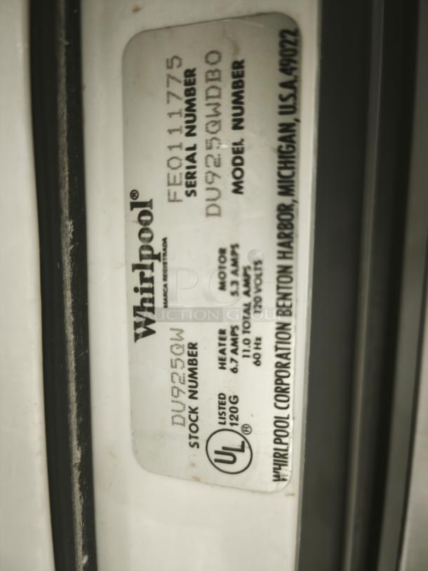 Whirlpool undercounter dishwasher, Model DU925QWDB0, featuring manufacturer's label with serial number FE011775.