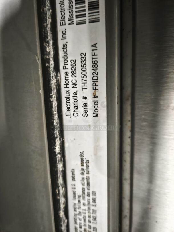 Frigidaire Professional 24-inch Built-In Dishwasher model FPID2486TF1A, silver finish, shown with label and serial number TH75005332.