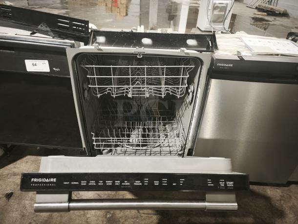 Frigidaire Professional 24-inch Built-In Dishwasher, model FPID2486TF1A, stainless steel, open door, multiple wash settings visible.