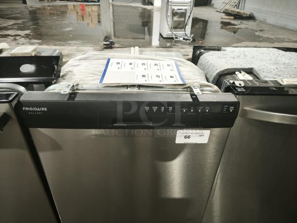 Frigidaire Gallery FGBD2445NF dishwasher with stainless steel finish, control panel display, auction tag visible.