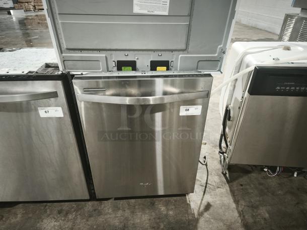 Whirlpool Gold 24" Tall Tub Dishwasher, Model WDT720PADM2, stainless steel, fair condition, auction tag visible.
