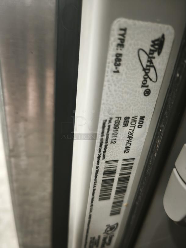 Label inside a Whirlpool Gold Tall Tub Built-In Dishwasher, model WDT720PADM2, showing type and serial number details.