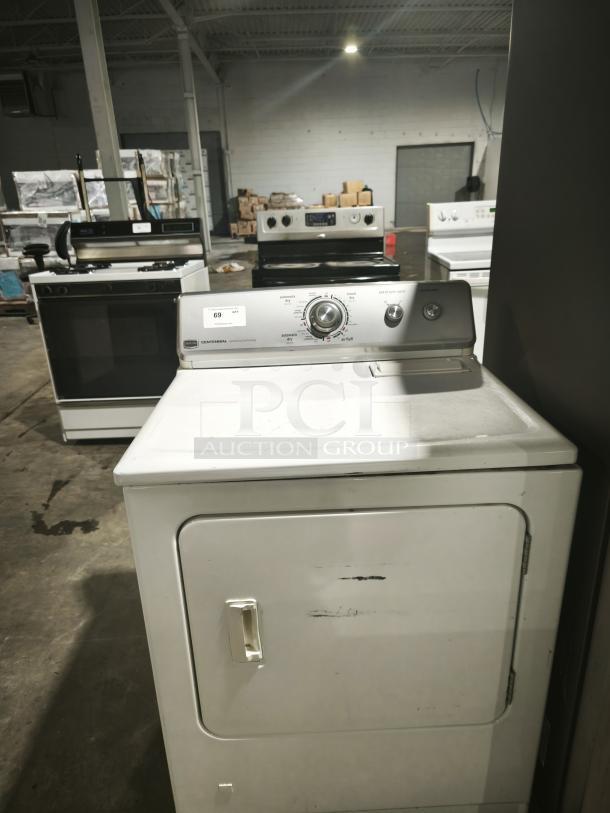 Maytag Centennial® Gas Dryer, Model MGDC400VW0, white, visible wear, control panel intact, auction tag present.
