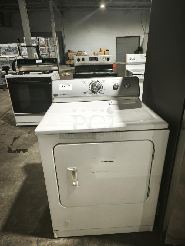 Maytag Centennial® MGDC400VW0 gas dryer, white, top controls, visible wear and scratches, Model tag on control panel.