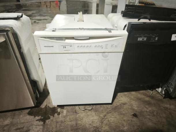 Frigidaire full console dishwasher, model FFBF2411NW0A, white, controls on front panel, auction tag visible.