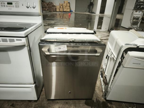 GE Café™ Series built-in dishwasher, model CDT765SF7SS, stainless steel, visible handle. Auction tag on front panel.