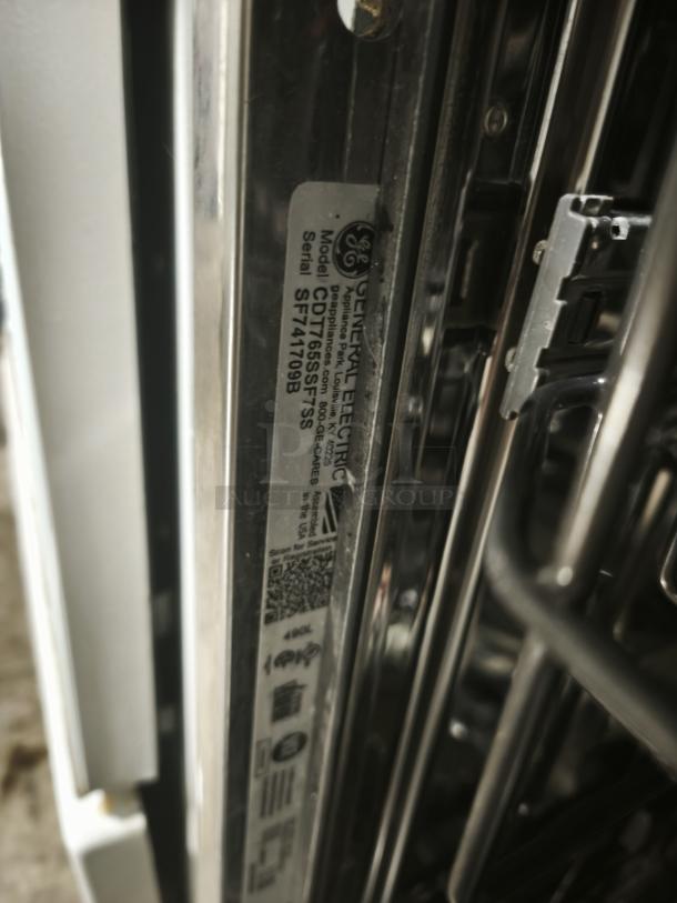 GE Café™ Series Built-In Dishwasher Model CDT765SF7SS, stainless interior. Visible label shows serial number SF741709B.