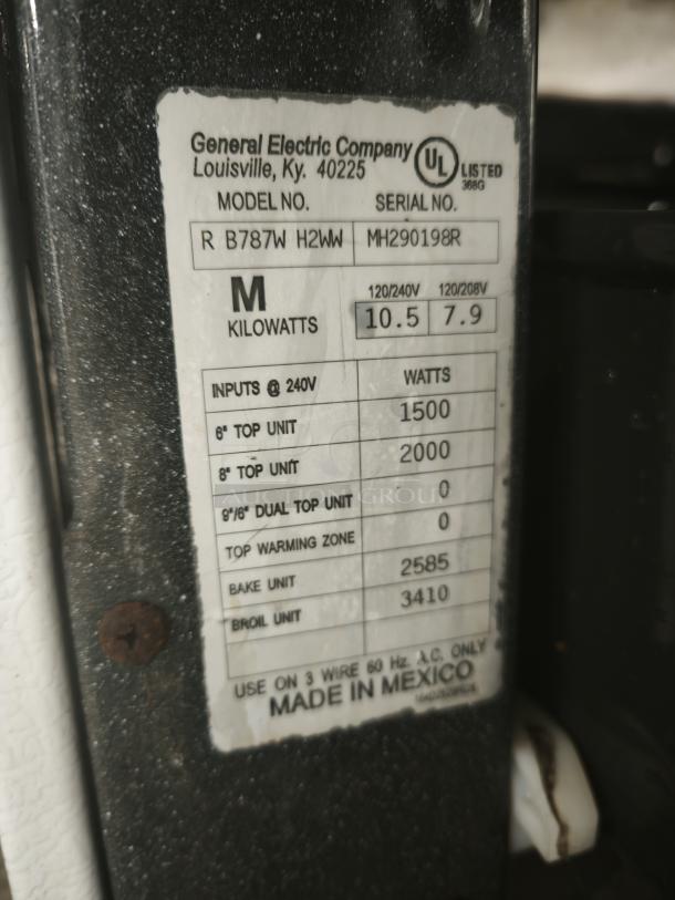 Label on Hotpoint 30" Electric Range Model RB787W H2WW. Details include kilowatts and inputs, made in Mexico.