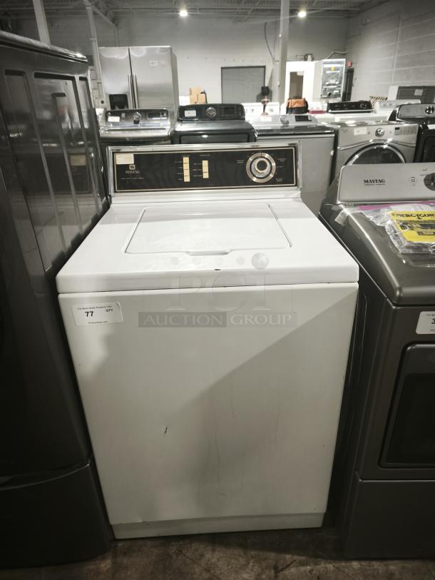 Maytag A511 top-load washer, white, fair condition, visible control panel with dials and settings, model tag shown.