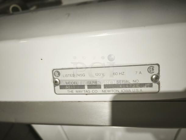 Maytag A511 Top-Load Washer label showing model A511, 120V, 60Hz, serial number 414238 JT, by The Maytag Co.